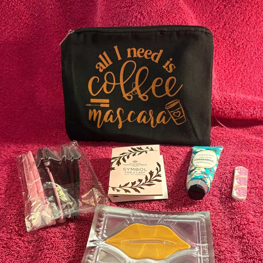 New Black Makeup Bag with “ALL I NEED IS COFFEE” in gold with accessories.